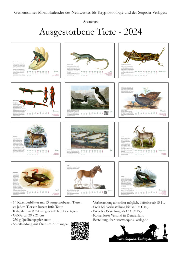Kalender "Ausgestorbene Tiere - 2024" des Sequoia Verlages in Zusammenarbeit mit dem Netzwerk für Kryptozoologie